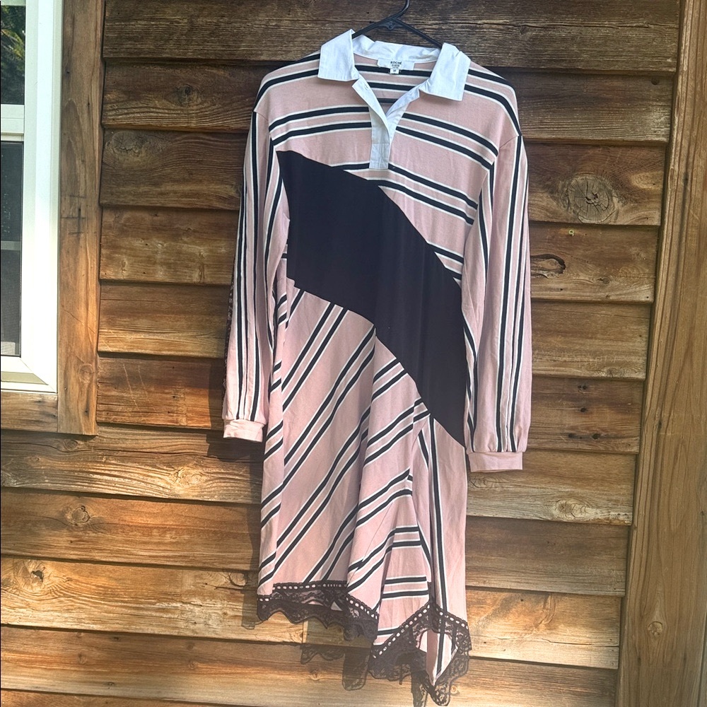KOCHÉ  lace detail asymmetrical Striped Pink and Black Dress